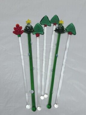 Vintage Stirrers Christmas Hand Made Glass Cocktail Drink Swizzle Set of 7